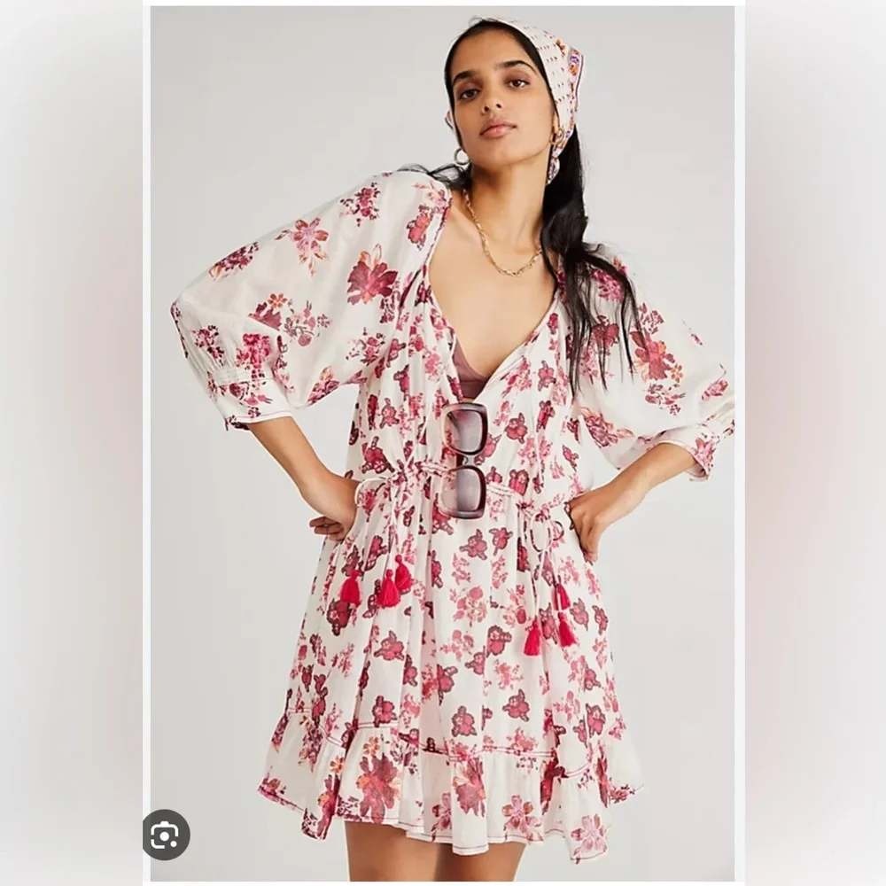 Free People Camella Mini Dress XS White Floral Tassel Boho Balloon Sleeve Cotton